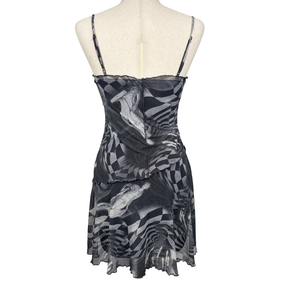Urban Outfitters Black Mesh Mini Dress Abstract Print Layered XS - Picture 3 of 5